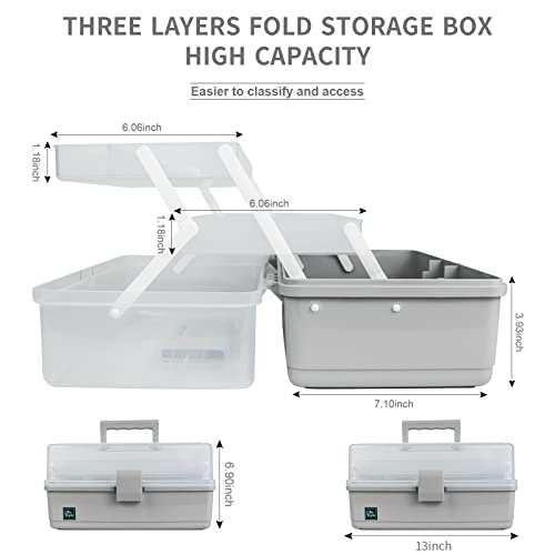 Creahaus 13 inch Art Craft Organizer Storage Box with 3 Layer, Multipurpose Plastic Tool Box with Handle for Sewing, Art Supply, Medicine, Nail, Hair Accessories (Grey) - color: Grey