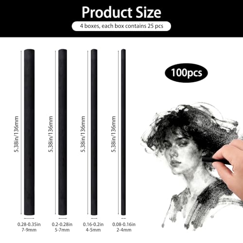 100 Pcs Willow Charcoal Sticks,4 Size Natural Charcoal Art Supplies for Artists,Beginners,Students,Perfect for Drawing,Sketching,Shading, and Fine Art Christmas Gifts(2-4mm/4-5mm/5-7mm/7-9mm)