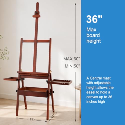 Falling in Art Large Wooden Painting Easel with Storage Drawer and Palettes | H-Frame Studio Easel Stand Holds Canvas up to 36 Inches, Suitable for Adults, Beginners, and Artists, Walnut - style: Walnut