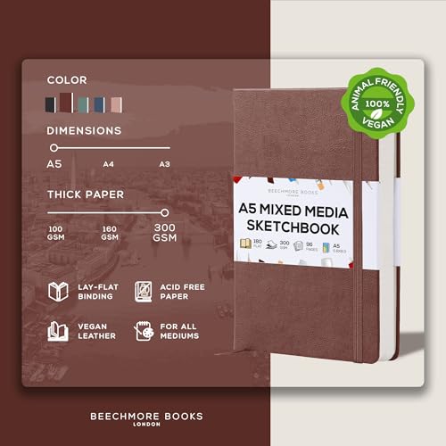 Beechmore Books A5 5.8x8.3 Mixed Media Sketchbook 300 GSM/140LBS | Heavyweight Vegan Leather Hardcover, 96 Pages Art Journal, Art Supplies for Paintings, Gouache, Watercolor & Ink - color: Chestnut Brown, size: A5 - 5" x 8" Medium