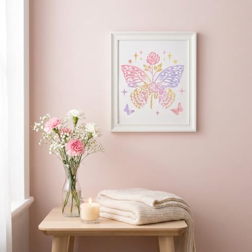 9 Pcs Butterfly Rose Stencils for Painting, Floral Moon Designs 8 Inch | Reusable PET Large Templates for Canvas, Wood Signs, Furniture Panels, Journals, and Room Decor - color: Butterfly