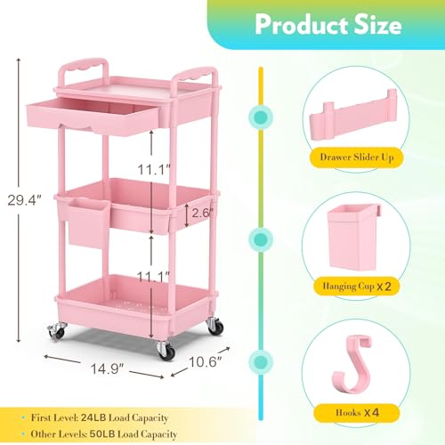 SUNALLY Makeup Cart Organizer with Drawer, 3 Tier Rolling Makeup Cart, Pink - color: Pink, size: 3 Tier