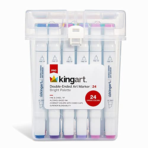 KINGART PRO Double-Ended Alcohol Ink Art Markers, 24 BRIGHT Colors, Fine Point & Chisel Tips, Permanent with Superior Blendability, Includes Plastic Case, 24 Pc. - color: Bright