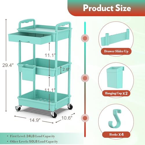 SUNALLY Makeup Cart Organizer with Drawer, 3 Tier Rolling Makeup Cart, Blue - color: Blue, size: 3 Tier