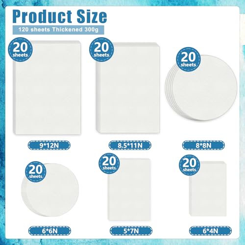 120 Sheets Watercolor Paper, 6 Sizes 9" x 12", 8.5" x 11", 8" x 8" etc.140 lb/300 GSM Heavyweight Cold Press Thick Watercolor Paper Bulk White Water Color Paper for Artists Watercolor Drawing - size: Various sizes