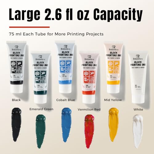 Block Printing Ink Set, 6 Colors, 2.6 oz Each, for Fabric & Paper