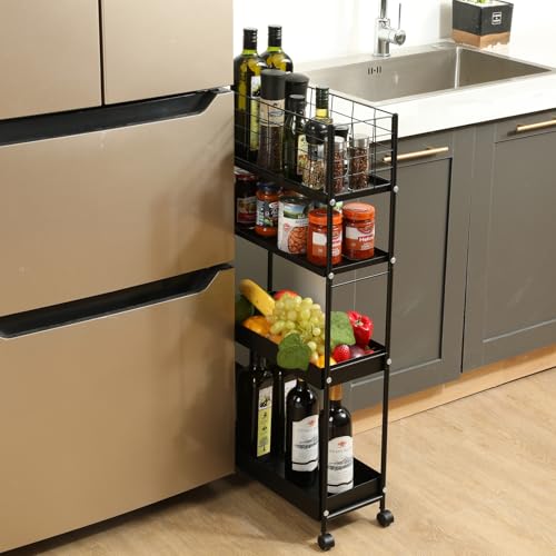 KINGRACK 4 Tier Slim Rolling Cart, Metal Utility Storage Cart with Wheels | 5.7" Raised Edge, Narrow Space Trolley Organizer for Bathroom, Kitchen, Office, Dorm, Laundry, Living Room, Black - color: Black, size: 4-Tier