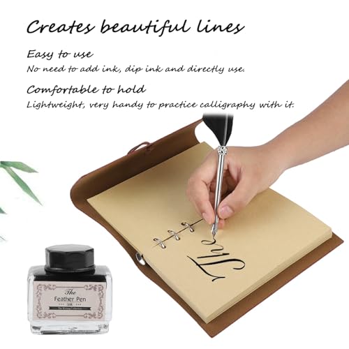 Quill Pen and Ink Set,Intage Calligraphy Feather Dip Pen Ink Leather Notebook Set,Including Feather Pen, Pen Nib Base, Notebook,Ink,Stationery Box for Him Men Dad (Black)