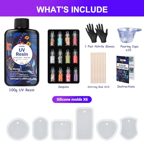 KISREL UV Resin Jewelry Making Kit - 100g Crystal Clear UV Resin and Jewelry Molds, Fast Curing for Keychains, Earring Making, DIY Craft Decorations - size: 100g