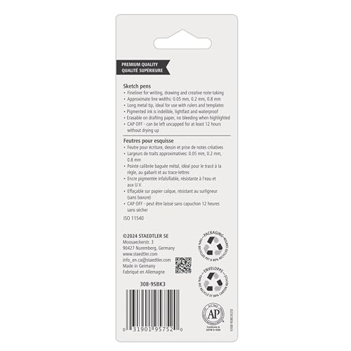 Staedtler Pigment Liner Pack, Black, 3 Pens, Assorted Line Widths 0.05mm/0.2mm/0.8mm, 308-9SBK3