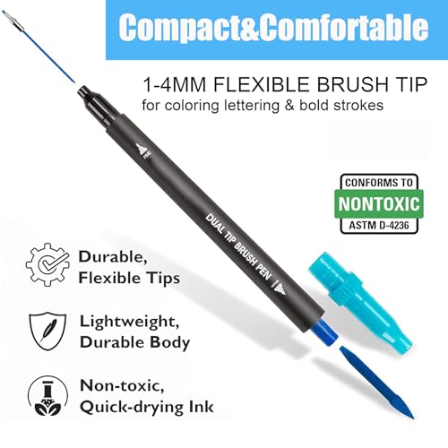 Blue Double Tip Brush Pens Art Markers,24 Colored Artist Fine Brush Pen Coloring Markers for Adult Drawing Art Craft Kit - color: Blue