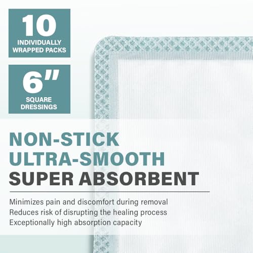 EVERLIT Super Absorbent Dressing for Wound Care | Nonstick Soft Surgical Gauze Pad for Heavily Exuding Wounds | Large Sterile Non-Adhesive Bandage for Fast Healing Wound Care | Pack of 10 (6" x 6") - size: 6" x 6"