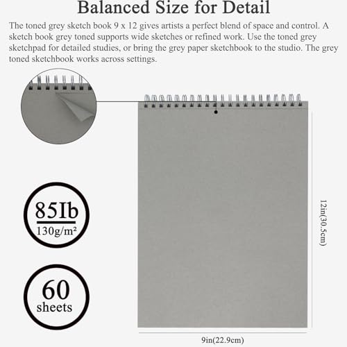 Fuxi Toned Grey Sketch Pad, 9x12 Spiral Sketchbook, 60 Sheets (85lb/130gsm) Art Paper, Artist Paper for Drawing with Pencil, Charcoal for Artists & Students, Art Class. - color: Toned Gray, size: 9" x 12" (Pack of 1)