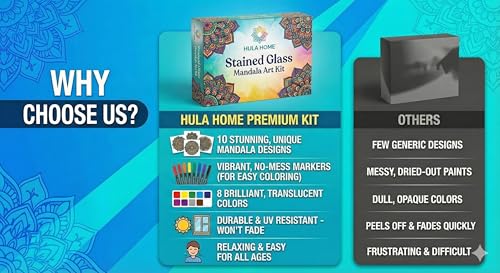 Hula Home Stained Glass Mandala Art Kit - DIY Window Clings with Markers, 10 Suncatchers - Perfect Hobby for Adults, Kids, Teens & Seniors - Ideal Gift for Beginners, Women & Elderly - size: Stained Glass Style - New Markers