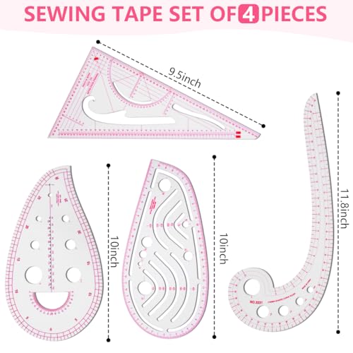KISEER 4 Pcs Clear Metric Sewing Ruler Set French Curve Pattern Making Ruler Kit for Knitting Tailors Crafting Dress Designers Sewing Beginner Supplies - size: 4 Pcs - Standard