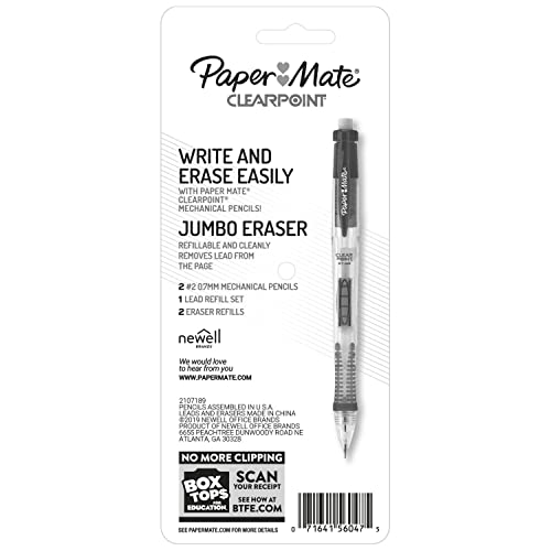 Paper Mate Clearpoint Mechanical Pencils, 0.7mm HB #2 Pencil Lead, Includes 2 Pencils, 1 Lead Refill, 2 Erasers - Back to School, Study Supplies, College, Note-Taking