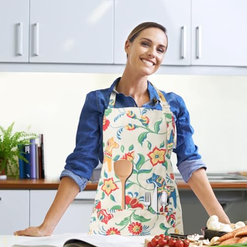 DILLMAN Aprons for Women with Pockets Cotton Linen Cooking Kitchen Baking Soft Durable Floral Gardening Apron - color: White