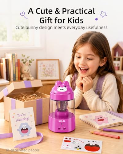 ZMOL Pink Bunny Electric Pencil Sharpener, 6-8mm, Rechargeable, Stickers | Fast Sharpening, Auto Stop,3 Modes for No.2 and Colored Pencils, Quick Charge,Kids Gift, for Home/Classroom/School/Art Studio - color: Pink