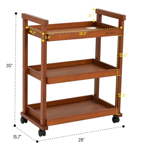 MEEDEN Art Supplies Cart, Walnut 3-Tier Multifunctional Art Storage Cart Organizer, Solid Beech Wood Studio Cart Art Taboret with Caster Wheels, Rolling Utility Cart Organizer for Artist - color: Deep Walnut