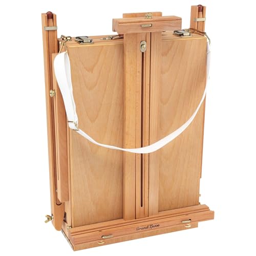 Grand Luxe Full Box French Easel- Oiled Beechwood Artist Easel with Brass Fittings, Adjustable Dividers, and Wood Palette- Plein Air Easel w/Leather Handle and Linen Strap for Canvases up to 34" High - size: Full Box