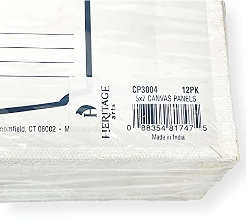 CP3004 Pack of 12 Primed Canvas Boards, 5" x 7"; Mounted to MDF Board; Pure Cotton Artist Canvas Primed with an Acrylic Plaster; Small Tooth Surface Finish
