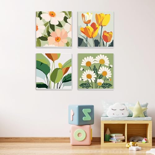 MXJSUA 4 Pack Flowers Green Plant Framed Paint by Numbers Kit with Canvas for Adults Beginner, DIY Acrylic Oil Painting Kits with Brushes for Home Wall Decor Gift (8x8 inch) - color: Flowers Green Plant