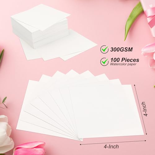 PATIKIL 100 Pcs Pure Cotton Watercolor Paper 140lb/300 GSM Water Coloring Paint Paper for Art Painting Watercolor Drawing Artist, 4x4 Inch - size: 4x4 Inch