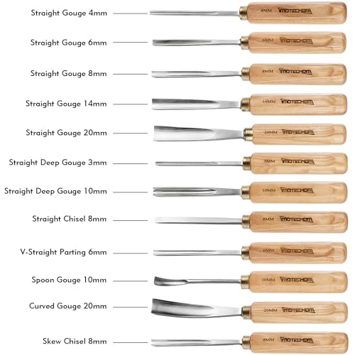 12-Piece Wood Carving Chisel Tools Set, Sharp CR-V Steel Blades | Precision woodworking tool kit with ash handles & canvas bag. Razor sharp 60CR-V blades for beginners and professionals - size: 12-Piece with Ash Handle