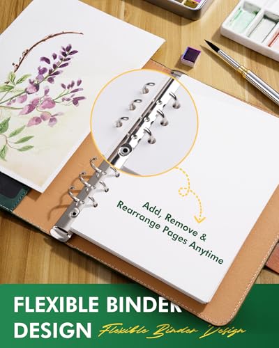 Fuumuui Watercolor Sketchbook with Dual-Tip Travel Brush - Watercolor Journal 100% Cotton Acid Free Cold Press 140 LB (300 GSM), 20 Sheets Watercolor Notebook for Painting Drawing Travel - 6.5"x9.1" - color: Suede Leather Green