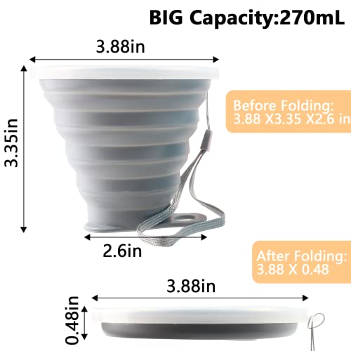 Litoexpe 2 Pack Silica gel Collapsible Travel Cup 270ml, Grey & Blue | with Lids, Portable Folding Camping Cup, for Camping and Travel - color: Grey & Blue