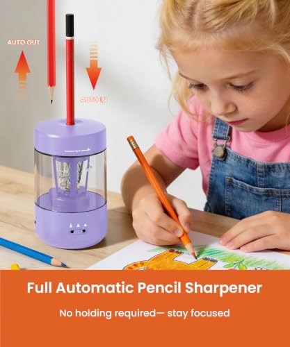 Electric Pencil Sharpener for Classroom, Fully Automatic, Purple | Type-C Rechargeable, Auto In/Out, 2000mAh Built-in Battery, Fast Sharpen, For 6-8mm No.2&Colored Pencils, Home, School Office - color: Purple