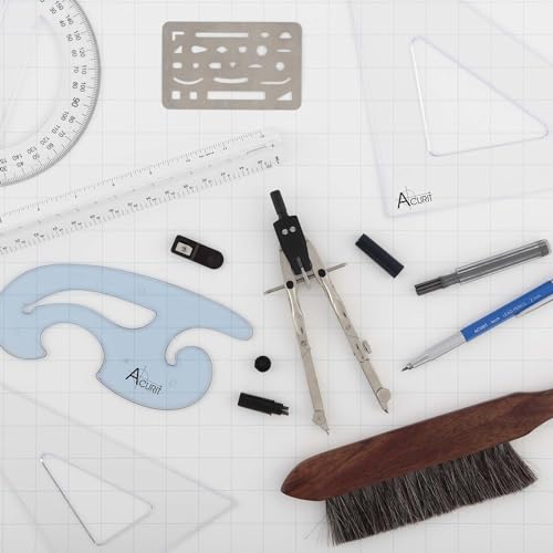 Acurit Drafting Tools Architect Set, 10 Piece Drafting Kit for Architects & Artists: Protractor, Compass, Architect's Scale, 2mm Pencil, Eraser Shield, Triangles, French Curve, Brush - size: Set of 10
