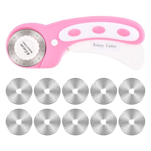 45mm Rotary Cutter for Fabric with 10pcs Replacement Blade, Rolling Fabric Cutter Crochet Edge Skip Stitch Blade for Quilting Crafts Sewing(COLOR:pink)