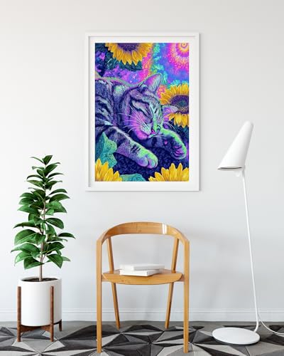 DDGEMART 5D Diamond Painting Kit for Adults, Full Drill Dreamy Colorful Cat and Sunflower Psychedelic Animal Art for Beginners, Home Decor, 12x16 inch - color: Psychedelic Cat