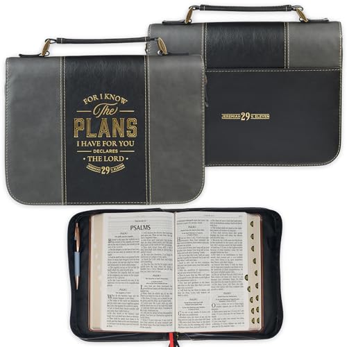 Christian Art Gifts Classic Vegan Leather Premium Inspirational Bible Cover for Men & Women: Know the Plans Encouraging Scripture, Pen Loops, Ribbon Bookmarks, Pockets, Charcoal/Black/Gold, Medium - size: Medium