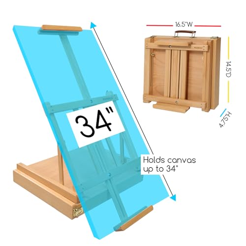 MEEDEN Studio Sketchbox Table Easel with Metal Lined Drawer - Adjustable Solid Beech Wood Tabletop Easel & Sketchbox Artist Easel with Storage, for Studio or Plein Air - Holds canvases up to 34" high - color: Beechwood Color