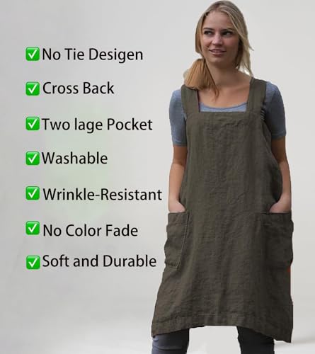 Japanese Aprons Plus Size Smock for Women with Pockets Cross Back Pinafore Dress Apron Baking Cooking Gardening - color: Army Green, size: Small