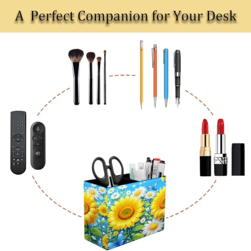 Pen Holder for Desk, PU Leather Multifunctional Desktop Storage Box and Anti-Slip Mouse Pad Set, Makeup Brush Holder Pen Organizer for Office and Home - Sunflower Daisy - color: Sunflower Daisy
