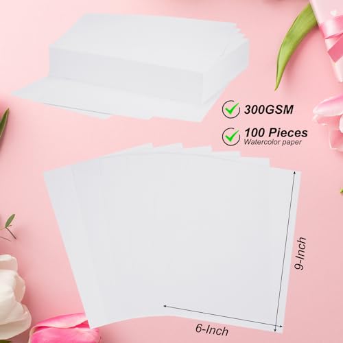 PATIKIL 100 Pcs Pure Cotton Watercolor Paper 140lb/300 GSM Water Coloring Paint Paper for Art Painting Watercolor Drawing Artist, 6x9 Inch - size: 6x9 Inch