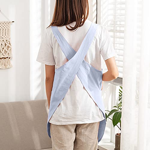 Cotton Cross Back Aprons Solid Color Cooking Kitchen Garden Smock for Women Girls with Pockets - color: Blue