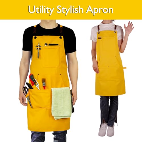 Kitchen Apron, Work Apron, Canvas Apron, Yellow - color: Yellow