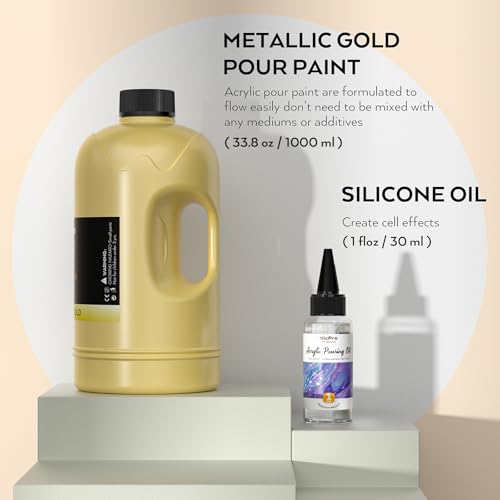 Nicpro Gold Metallic Acrylic Pour Paint, 33.8 Ounce Pre-Mixed Pouring Paint Supplies with Silicone Pour Oil & Gloves for Canvas, Rock, Wood Cell Creation Flow DIY Art Painting, Ready to Pour - color: 33.8oz-gold