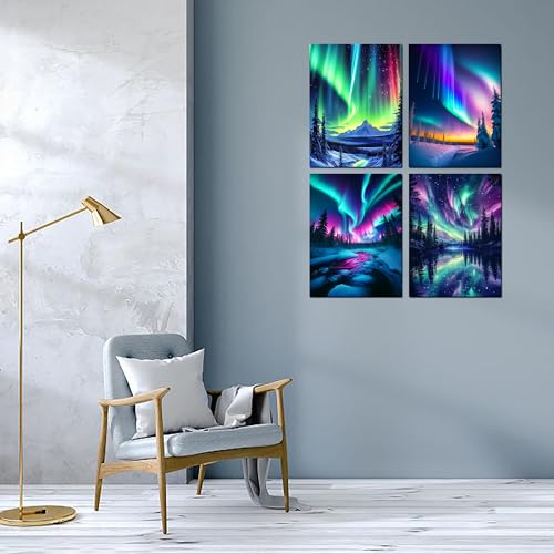 Muzagroo Art 5D Diamond Painting Kits for Adults, Aurora Diamond Art Kits for Beginners, DIY Landscape Diamond Dot Kits Gem Arts and Crafts for Living Room, Gem Painting Living Room 4 PCS Wall Art - color: 03-Aurora