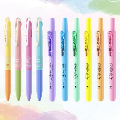 WRITECH Gel Pens Journaling Highlighters: Pastel 2-in-1 Journal Set 10ct | 0.5mm Fine Point Dual Color Pen Retractable Aesthetic Pastel Colors for Smooth Writing Drawing Teachers Nurses Office - color: Pastel