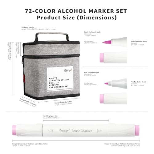 Bianyo 72 Pastel Colors Alcohol Markers Set, Dual Tip Brush & Fine Alcohol-Based Art Markers for Artists, Adults, Comics, Coloring, Drawing, Sketching, Illustration with Storage Bag - color: 72 Pastel Colors - Brush & Fine