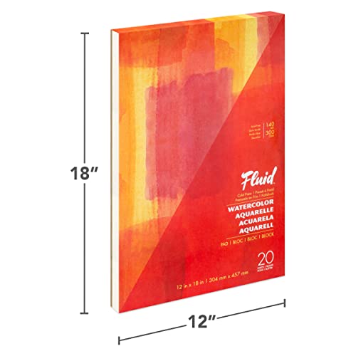 Fluid Watercolor Fold Over Pad, 12 x 18 inches, 20 White Sheets, 140 lb (300 GSM) Cold Press for Artist Painting and Wet Media - size: 12x18 Inches
