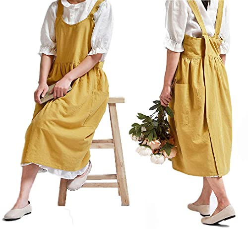 Women Girls Cross Back Apron Gardening Works Cotton Aprons Pinafore Dress - color: Yellow
