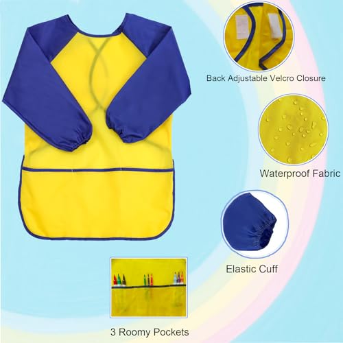 2 Pack Kids Art Smock Waterproof with Long Sleeve and 3 Roomy Pockets Artist Children Aprons for Toddlers Age 3-8 Painting Crafts(Yellow+Blue) - color: 2 Pack Yellow+blue