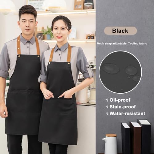 Kitchen Bib Apron with Pockets, Women Men Adjustable Neck Strap Water Resistant Apron for Chef Artist Waiter - color: Black