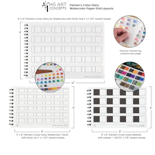 HG Art Concepts Travel Size Painters Water Color Diary 2 Pack - Classic and Metallic - 6x8 Spiral-Bound Acid-Free Color Swatch Book with 10 Removable Pages and Glassine for Traveling Artists - color: Classic/Metallic Watercolor, size: 2 Pads | 20 Pages